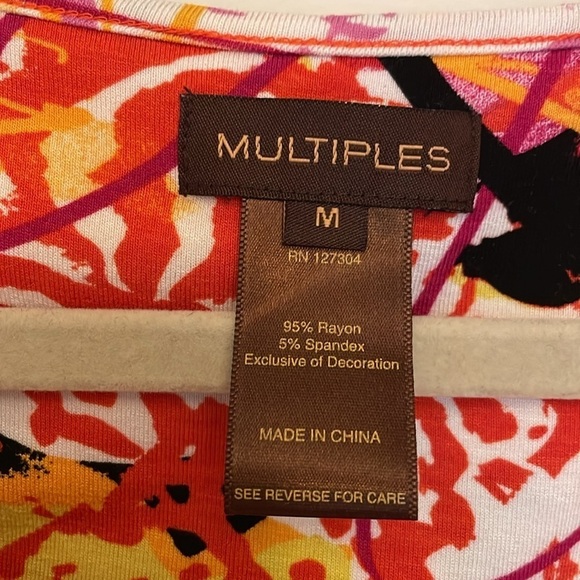 MULTIPLES Soft Knit Dolman Sleeve Top Blouse Floral Paint Design Pink Orange M - Picture 2 of 6